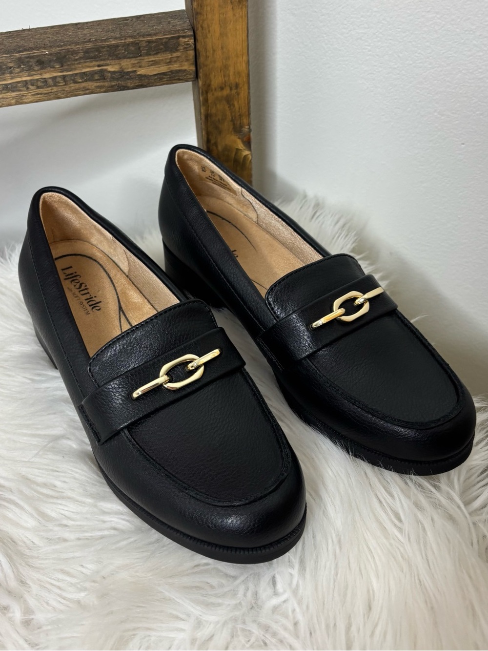 Life Stride Women's Black Slip-On Loafers with Gold Accent Size 8
